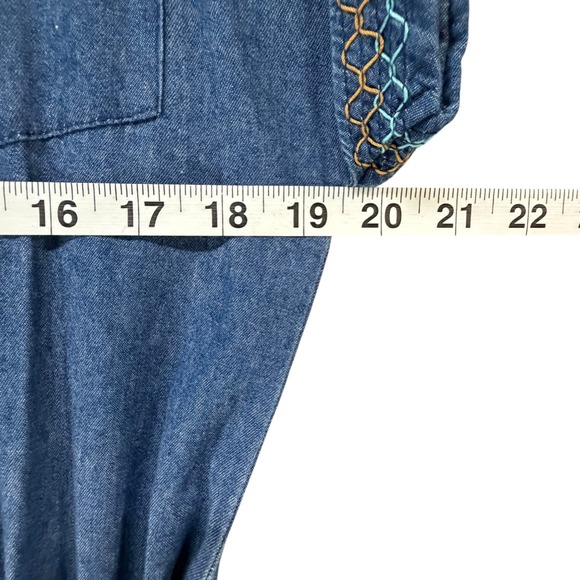 Red + Olive Denim Shirt Dress Women M Blue Belted Embroidered Hi Lo Boho Western - Picture 9 of 14